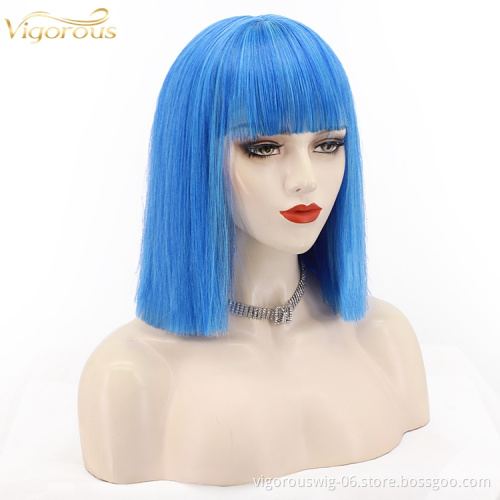 Cheap Wholesale Short Bob Wig With Bangs Mono Blue Bob Wig Heat Resistant Synthetic Straight Wave Full Head Hair Wig For Women